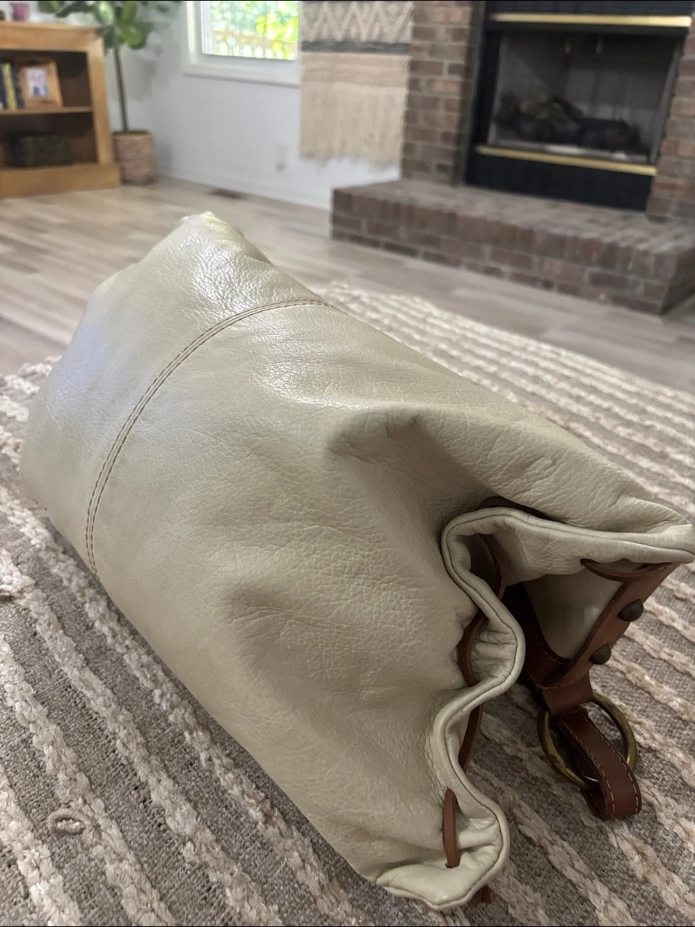 Lucky Brand Leather Crossbody Large Fold over Bag in Cream with Brown Trim -